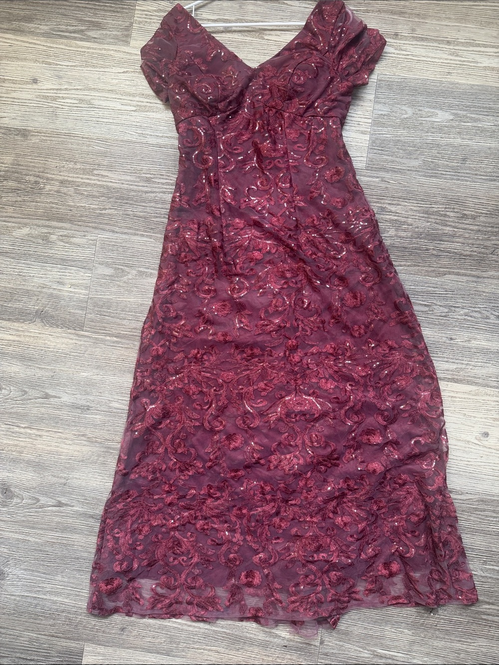 Elegant New Burgundy Floral Embroidered Mesh Sequin Midi Dress Wedding Cocktail